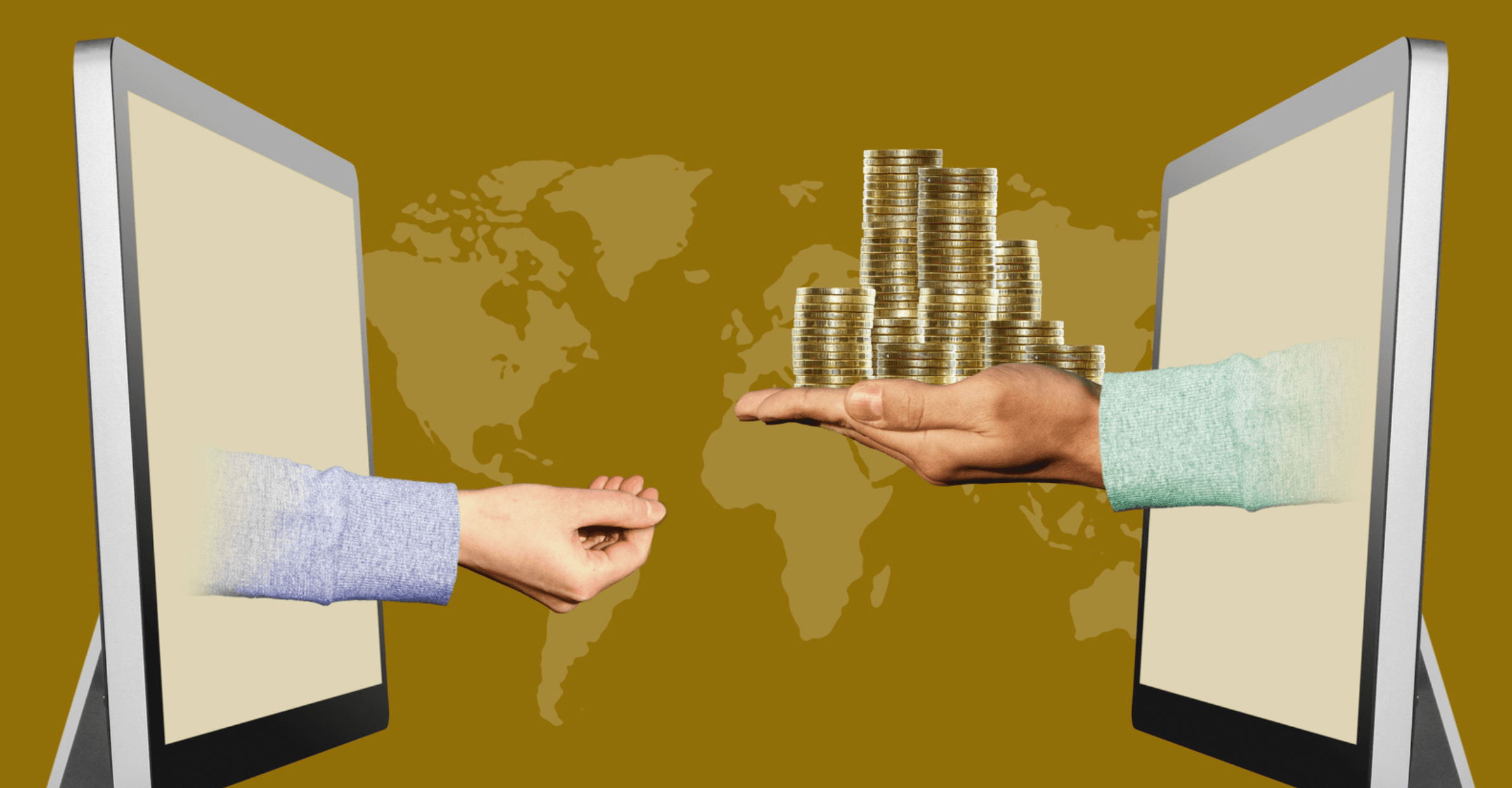 a hand extends coin stacks from one tablet screen toward an open hand reaching from another, over a world map